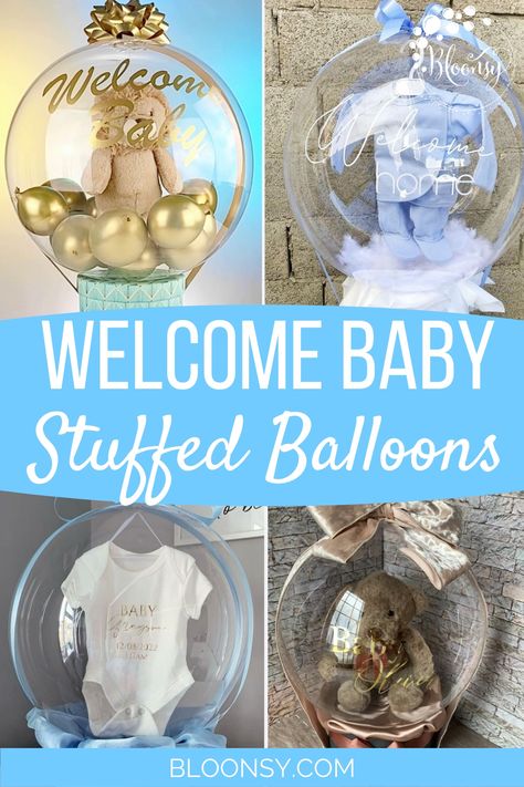 Light brown stuffed balloon with large bow and teddy bear inside. Balloon Filled With Gifts, Baby Welcome Ideas, Ballon Gifts Ideas, Stuffed Balloons Ideas, Balloon Stuffing Ideas, Stuffed Balloon Ideas Gifts, Gifts For Baby Boy, Creative Baby Shower Gifts, Welcome Baby Party