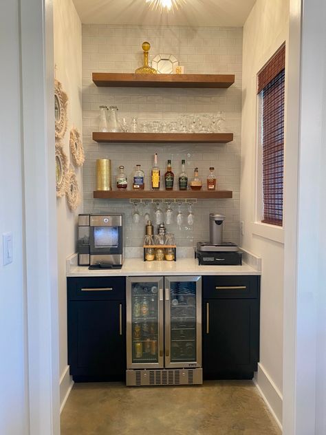 Black And Brass Wet Bar, Mini Wet Bar Ideas Small Spaces, Dry Bar Ideas Small Nook, Basement Popcorn Bar, Home Bar Fridge, Built In Wine Bar Nook, Game Room Wet Bar, Basement Dry Bar Ideas Small Spaces, Small Bar Area In Basement