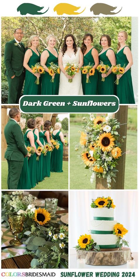 Dark Green Sunflower Wedding Colors 2024：dark green bridesmaid dresses, and accessorize with yellow sunflower bouquets, white wedding cake topped with sunflowers and dark green ribbons. Incorporate sunflowers into your floral arrangements, including centerpieces and wedding arch. #bridesmaiddresses #weddingcolors #weddingideas #sunflowerweddings #greenwedding #darkgreenwedding #colsbm #2024 Hunter Green Sunflower Wedding, Dark Green And Sunflower Wedding, Green Sunflower Wedding, Sunflower Wedding Colors, Wedding Colors 2024, Orchid Bridesmaid Dresses, Royal Blue Wedding Theme, Hunter Green Wedding, Green Sunflower