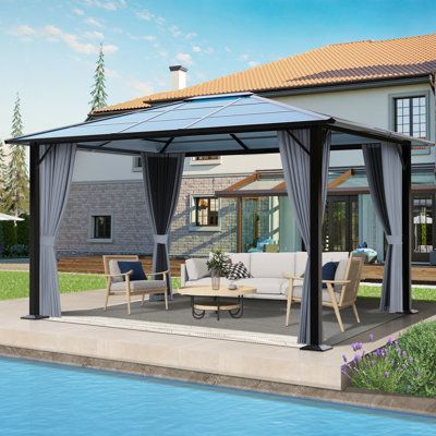 The outdoor polycarbonate canopy gazebo is made of a lightweight, sturdy, steel frame and the polycarbonate roof is water-resistant, durable, and UV resistant. The patio gazebo provides a new place where family and friends can get together to share their leisure time. The perfect size provides sufficient space and improves the quality of life. The patio gazebo is suitable for a patio, garden, poolside, backyard, balcony, and other outdoor occasions. The steel frame hardtop gazebo is the best cho Polycarbonate Canopy, Backyard Features, Polycarbonate Roof, Backyard Balcony, Hardtop Gazebo, Outdoor Gazebos, Patio Gazebo, Party Tent, New Place