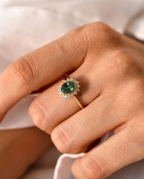 "Genuine Green Tourmaline Ring/Bezel Set Gold Tourmaline Diamond Ring/Halo Engagement Ring/Green Gemstone/Wedding Anniversary/Push Present ★ ★ ★ ★ CUSTOM/DUTY-FREE SHIPPING WORLDWIDE, BUYERS DON'T HAVE TO PAY ANY CUSTOM FEES WHILE IMPORTING ★ ★ ★ ★ Details Made to order Material: 14k/18k gold Color Options: Yellow Gold, White Gold, Rose Gold ★ Center Stone Green Tourmaline Oval Size: 5x7 mm Approx Weight (Ct): 0.80 ★ Accent Stones Diamond Round Size: 1.5 mm * 16 Nos. Approx Weight (Ct): 0.224 ★ Buda Zen, July Birthstone Ring, Gemstone Wedding Rings, Green Tourmaline Ring, Bezel Engagement Ring, Ruby Engagement Ring, Natural Gemstone Jewelry, Red Gemstones, 18k Gold Ring