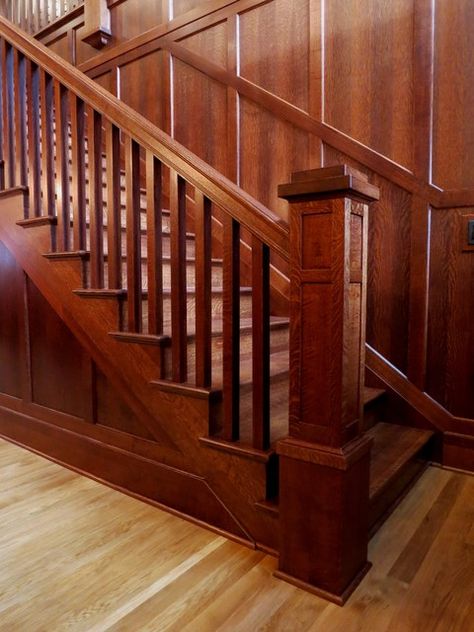 Craftsman Stairs, Wooden Staircase Railing, Craftsman Staircase, Wooden Staircase, Craftsman Interior, Building A Home, Staircase Wall, Staircase Remodel, Wood Staircase