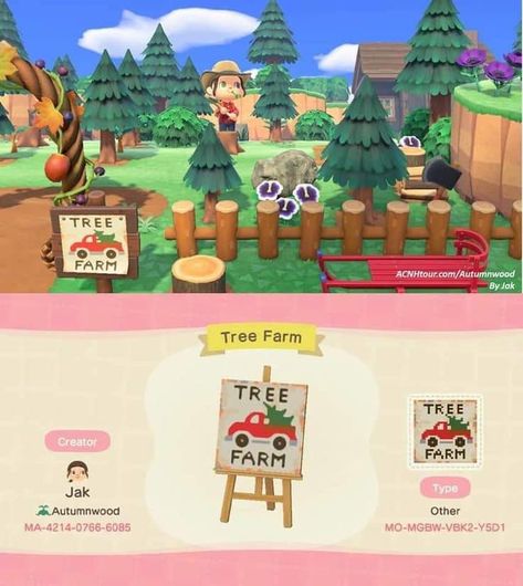 Christmas Ideas Acnh, Animal Crossing Christmas Island Ideas, Animal Crossing Christmas Tree Farm, Acnh Tree Farm Sign, Tree Farm Animal Crossing, Acne Christmas Codes, Tree Farm Acnh, Animal Crossing Tree Farm, Christmas Animal Crossing Codes