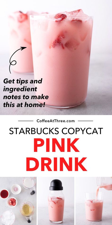 Fruity Coffee Drinks, Strawberry Starbucks Drink, Pink Drink Copycat, Pink Drink Recipe, Starbucks Pink Drink Recipe, Pink Drink Starbucks, Coconut Milk Drink, Homemade Starbucks, Pink Drink Recipes