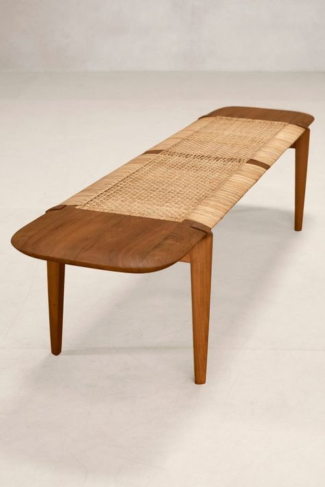 The Tangāli Bench is part of the Tangāli Collection designed by Japanese-Danish design duo INODA+SVEJE for Phantom Hands. The Tangāli Bench has the signature wrap-around cane weave pattern of the collection and its organic contours are shaped by hand. The bench is great for seating or as a side table . #teakbench #contemporarybench #inodasjeve Phantom Hands, Modular Chair, Dark Stain, Indian Furniture, Bench Designs, Pierre Jeanneret, Wood Polish, Dark Stains, Furniture Maker