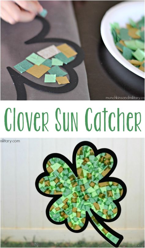 Four Leaf Clover Sun Catcher - Easy St. Patrick's Day craft for kids! Leprechaun Traps Ideas For Kids, Mess Free Craft, Leprechaun Traps Ideas, Clover Craft, Sant Patrick, Saint Patricks Day Art, Fete Saint Patrick, March Crafts, St Patricks Crafts