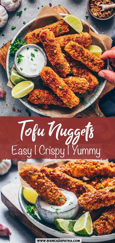 Tofu Oven Baked, Tofu Tenders, Chicken Fingers Recipe, Meatless Meat, Meatless Chicken, Crispy Baked Tofu, Tofu Cubes, Breaded Tofu, Tofu Recipes Healthy