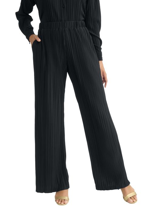 Get into the trends with these versatile plisse pants — perfect for all seasons and any occasion. Whether you dress it up or down, you'll always look chic. For a coordinated ensemble, pair it with our matching plisse top and complete the outfit with a pair of strappy sandals. Pull-on, covered elastic 1" waistbandWide leg Straight hemSide-seam pockets 31" inseamPolyesterMachine washable.Imported.  | Plus Size Women's Plisse Wide-Leg Trouser by Jessica London in Black (Size 16 W) Plisse Pants, Plisse Top, Facebook Style, Ladies Of London, Swimsuits For All, Petite Tops, New Tops, Petite Dresses, Dress Suits