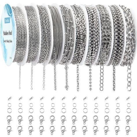 PRICES MAY VARY. Package Includes 78.7 feet 10 rolls 304 stainless steel necklace chains, with 100pcs 5mm stainless steel jump rings, 100pcs 6mm stainless steel jump rings, 30pcs stainless steel lobster clasps for decorative chain jewelry making 10 Different Types suitable for DIY gift projects like necklace chains, tassel chain pendants, earrings chains, bracelets chains, body chain jewelry, extension chain Stainless steel material, strong and durable, corrosion resistant, no fading, no discolo Chain Necklace Diy, Jewelry Chains, Stainless Bracelet, Diy Pendant Necklace, Body Chain Jewelry, Diy Pendant, Stainless Steel Necklace, Jewelry Patterns, Steel Jewelry