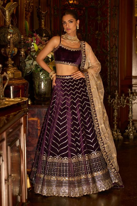 Purple velvet lehenga with zari, stone, sequin and thread embrioidery. Paired with an embroidered velvet blouse and net dupatta. - Aza Fashions Indian Engagement Outfit, White Engagement Dresses, Engagement Dress For Bride, Purple Lehenga, Brocade Lehenga, Engagement Lehenga, Chic Prom Dresses, Velvet Lehenga, Simple Lehenga