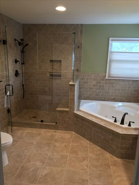 Bathroom Interior Design Jacuzzi, Corner Tub And Shower Side By Side, Small Bathroom Ideas Remodel Walk In Shower Layout Half Walls, Bathroom Ideas Corner Bath, Bathroom Design With Jacuzzi, Corner Tub Remodel, Bathroom With Corner Tub, Jacuzzi Tub Bathroom, Jacuzzi Bathroom