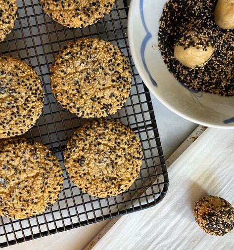 Chew On This! Toasted Sesame Cookies - 3jamigos Sesame Cookies, Ice Cream Scoops, Dough Balls, Soft Cookie, Chewy Cookie, Oven Racks, Fun Cookies, Raisin, Cookie Dough