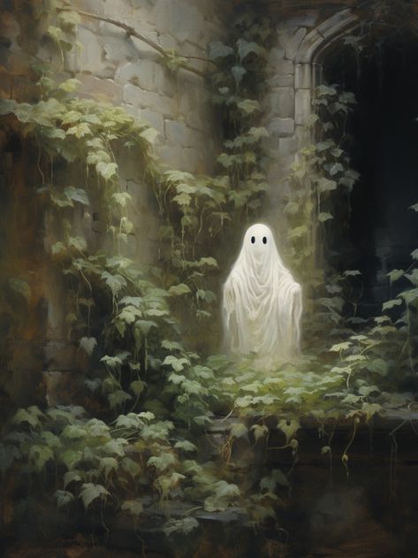 An oil painting of a cute ghost in an abandoned castle. Halloween Oil Painting, Cottagecore Artwork, Haunted Art, Ghost Artwork, Ghosts Art, Ghost Paintings, Cottagecore Halloween, Helloween Wallpaper, Ghost Painting