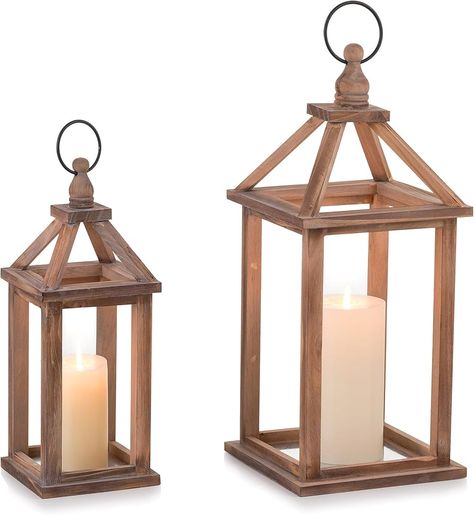 Amazon.com: Staymoment Wooden Decorative Candle Lanterns Set of 2, Indoor Rustic Hanging Candle Holder for Centerpiece Mantle Shelf Porch, 12" & 16" Farmhouse Home Decor Wedding Table Decoration, Brown : Home & Kitchen Rustic Table Decor Wedding, Fireplace Mantle Shelf, Wood Candle Lantern, Porch Wedding, Porch Lantern, Real Candles, Entertainment Room Decor, Festival Atmosphere, Table Centerpieces For Home