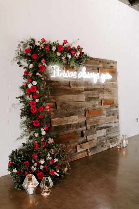 Valentine's Wedding Ideas, Wedding Backdrop Design 2023, It Was Always You Wedding Backdrop, Hot Pink Rustic Wedding, February Wedding Reception Ideas, February Wedding Inspiration, Valentines Day Wedding Decorations, Valentines Day Wedding Ceremony Decor, Farmhouse Wedding Backdrop