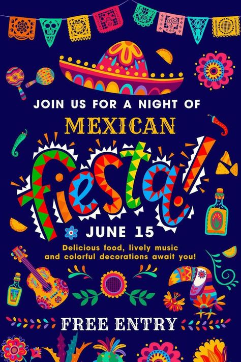 Mexican fiesta party flyer, sombrero and tequila Fiesta Poster Ideas, Fiesta Theme Party Filipino, Taco Poster, Spanish Festivals, Universe Poster, Spanish Party, Mexican Festival, Latin Party, Mexico Party