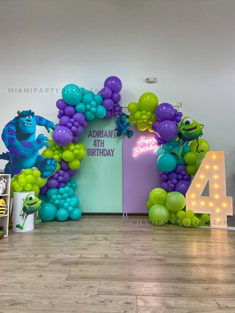 Monster Inc Happy Birthday Backdrop – Your Ticket to Monstropolis! Turn your child's party into a monster-tastic celebration with our customizable Monster Inc Happy Birthday Backdrop! This vibrant backdrop is perfect for creating a fun and festive atmosphere that will transport your guests to Monstropolis. Fun with Customizable Details Imagine Sully and Mike Wazowski joining your party! Our stand-up figures bring these beloved Monster Inc characters to life with next details: Balloon Garlands Our 16-foot balloon garland adds a touch of magic with its vibrant colors. Choose from Tiffany, green, and violet to match your party theme. Cake Stand Display your birthday cake and other treats in style with our Monster Inc-themed cake stand! Light Up Numbers Celebrate your child’s age in dazzling s Monsters Inc Balloons, Monster Inc Characters, Boo Monsters Inc Party Ideas, Monster Inc Party Ideas, Monsters University Birthday Party Ideas, Monsters Inc Birthday Cake, Monsters Inc Birthday Party Ideas, Monsters Inc Birthday Party, Sully And Mike