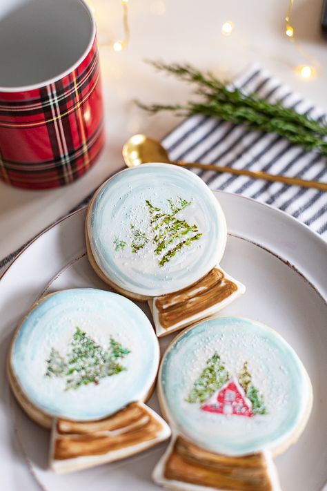 Hand-painted Snow Globe Christmas Cookies Globe Cookies Decorated, Painted Christmas Cookies, Watercolor Christmas Cookies, Snow Globe Cookies, Globe Cookies, Cranberry Orange Cookies, White Food Coloring, Hand Painted Cookies, Snow Globe Christmas