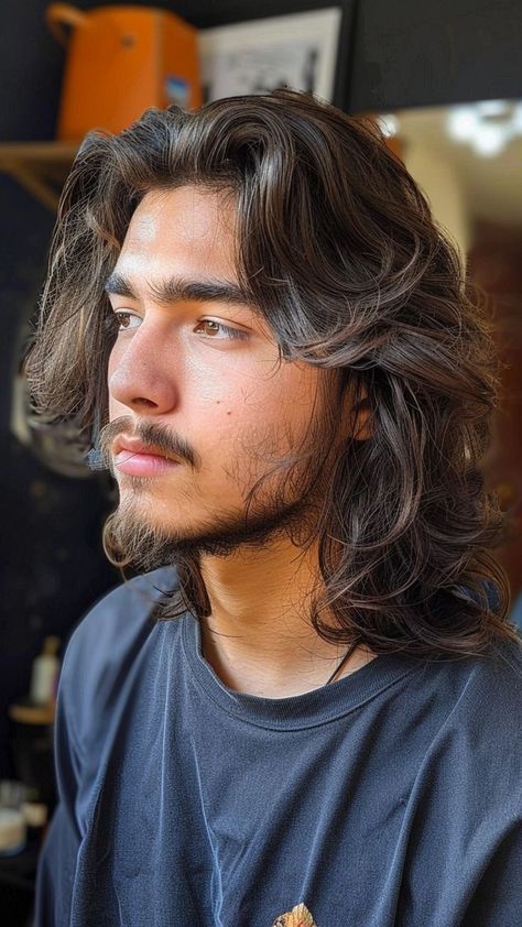 Man With Long Brown Hair And Beard, Men's Long Wolf Cut, Long Hair Mens Cut, Layered Mens Haircut Long Hairstyles, Mens Long Haircut Layered, Men's Haircuts Long, Long Haircut For Men Wavy, Men Long Layered Hair, Long Guy Hairstyles