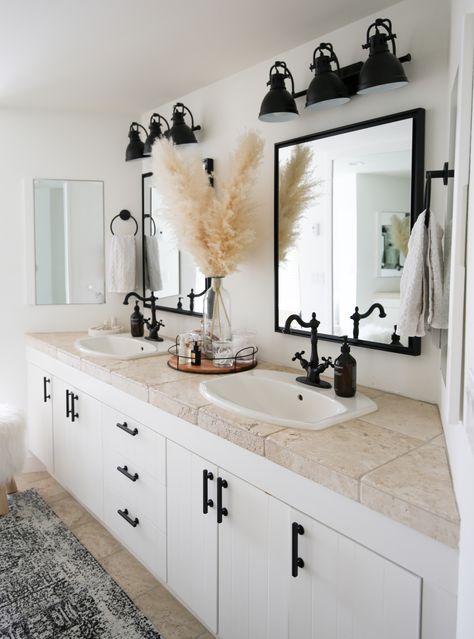 Fixer Upper House Archives - Styled By Kasey White House Black Accents Interior Design, Neutral Interior With Black Accents, Neutral Black Home Decor, Neutral And Black House Decor, Neutral House Decor Interior Design, White Home With Black Accents, Tiny Neutral Bathroom, Black Accents In Bathroom, Tan And Black Bathroom Decor