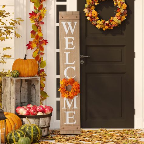 1. Let's inviting your friends with this rustic "WELCOME" floral porch sign. 2. Crafted with a premium wooden board with "WELCOME" and two natural slats decorated. 3. Eye-catching changeable four floral wreaths are included. It will accompany you with a full season of Fall Harvest, Christmas, Spring, and Patriotic. 4. Package includes 1 Welcome porch sign, 4 floral wreaths of winter jasmine, maple leaves, berry needles. Welcome Porch Sign, Winter Jasmine, Outdoor Welcome Sign, Wooden Porch, Wooden Welcome Signs, Porch Welcome Sign, Christmas Yard Decorations, Fall Front Porch Decor, Fall Door Decorations