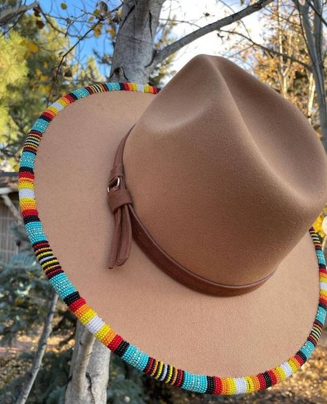 Dark beige beaded handmade fedora hats|summer hats|summer hats|brim hat with free shipping world wide by Delightmerchants on Etsy Beaded Ball Caps, Beaded Hat Brim Patterns, Beaded Hat Brim, Diy Hat Stand, Beaded Cowboy Hat, Fedora Hat Summer, Beaded Hats, Cosmic Cowboy, Native Regalia