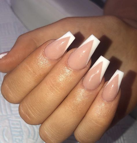 Long Coffin French Tip Nails With Design, French V Nails Coffin, Square Triangle French Tip Acrylic Nails, Nails Similar To French Tip, Ballerina Nails Medium Length French Tip, White Diagonal Nail, Coffin Acrylic Nails V Tip, V Shape White Tip Nails, French V Shape Nails