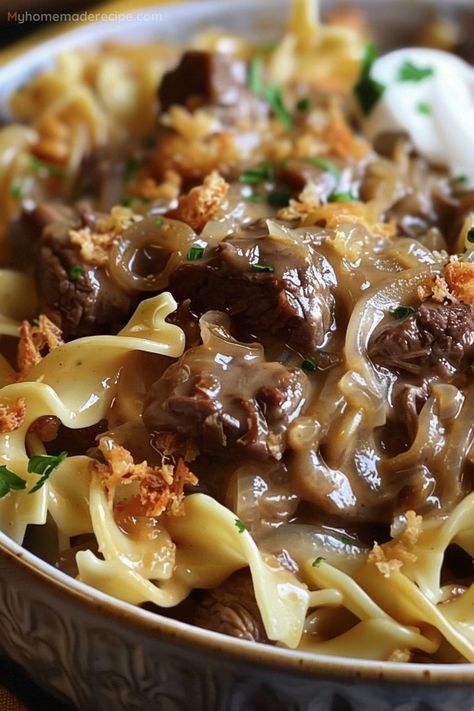 French Onion Beef And Noodles Recipe - My Home Made Recipe Fall Recipes Dinner Casserole, Crockpot Recipe Summer, Beef Noodles Recipes, French Onion Beef And Noodles, Beef And Noodles Crockpot, Beef And Noodles Recipe, Creamy Noodles, French Onion Beef, Beef Tips And Noodles