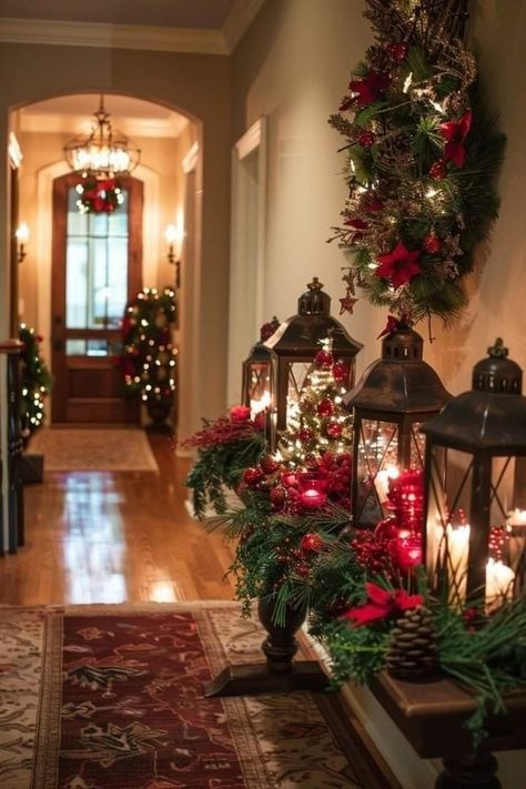 Christmas Landing Decor, Foyer Ideas Entryway Christmas, Wine Christmas Decor, Christmas Party Photo Booth Ideas, Christmas Decor For Entryway, Christmas Entryway Ideas, Hall Table Christmas Decor, Lights On Mantle, Foyer Table Christmas Decor