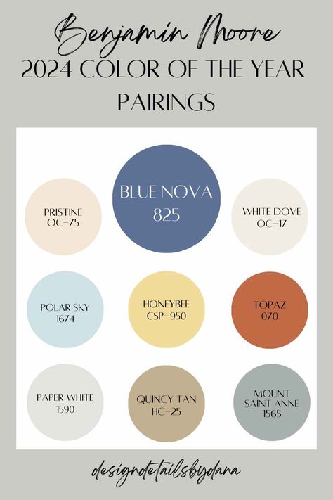 Transform your home decor design with Benjamin Moore's 2024 Color of the Year, Blue Nova. This beautiful shade of blue pairs well with so many stunning hues. Paint colors | Interior paint | Exterior paint | Color of the Year 2024 | Color of the year |Benjamin Moore | Blue Nova | Paint color pairings | Paint color combination Blue Nova Color, Blue Nova Color Palette, Benjamin Moore Color Palette For Home, Bm Color Of The Year 2023, Benjamin Moore Paint Colors 2024 Trends, Benjamin Moore Color Of The Year, 2024 Benjamin Moore Paint Colors, 2024 Spring Decor Trends, Benjamin Moore 2024 Color Of The Year