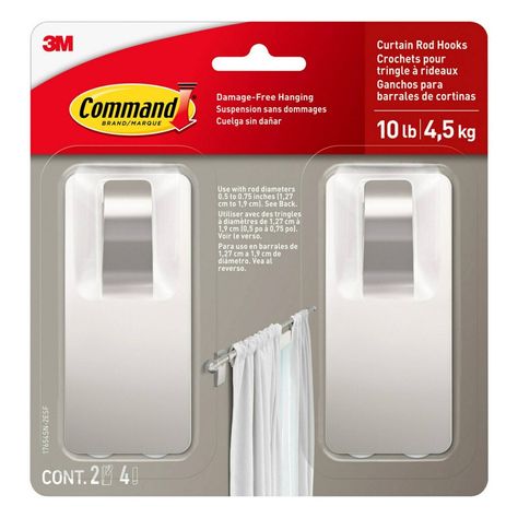 Command™ Curtain Rod Holders help you easily decorate or update you space. They are easy to install and remove cleanly without leaving behind unsightly holes or residue. The modern design and finish can complete your room with both style and functionality. Fits standard. 5” to .75” rod curtain rods. Nickel Curtain Rod, Hang Curtain Rods, Dorm Curtains, White Curtain Rod, Installing Curtain Rods, Black Curtain Rods, Hanging Curtain Rods, Curtain Rod Hooks, Cafe Curtain Rods