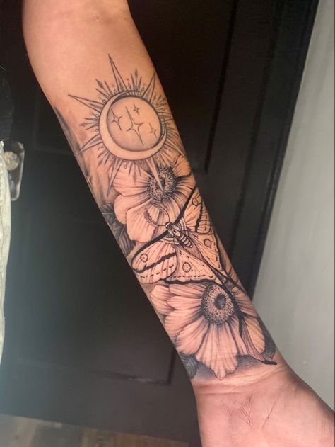 Moth Sleeve Tattoo Design, Sun Flower Sleeve Tattoo, Lunar Moth Sleeve Tattoo, Moon And Sun Sleeve Tattoo, Moth And Sun Tattoo, Sun And Moon Forearm Tattoo Women, Sun And Moth Tattoo, Sun And Moon Sleeve Tattoos For Women, Sun Moon Half Sleeve Tattoo