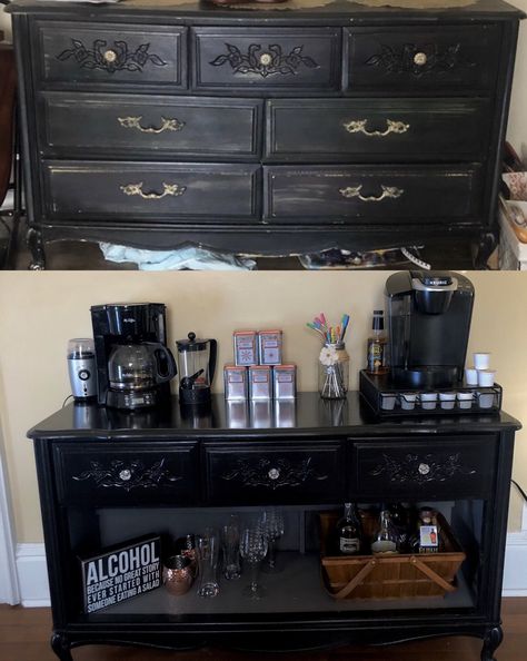 Before and after repurposed dresser into a coffee bar. 🍻 ☕️ Refinished Dresser Coffee Bar, Repurposed Dresser To Coffee Bar, Diy Dresser Into Coffee Bar, Diy Dresser Into Bar, Tv Stand Into Coffee Bar, Refurbished Dresser To Coffee Bar, Turn Dresser Into Coffee Bar, Old Dresser To Coffee Bar, Diy Dresser Coffee Bar