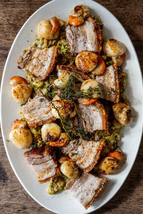 Pork Belly Crackling, Pork In The Oven, Gill Meller, Matt Austin, Roasted Pork Belly Recipe, Roast Pork Belly, Roasted Sprouts, Pork Belly Recipes, Seared Scallops