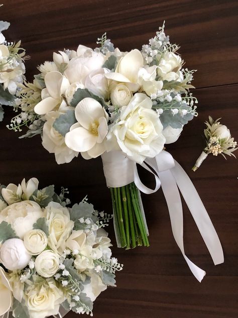 Bridal Bouquet and Boutonniere Consisting of Wonderful Flowers - Etsy Canada White Bride Flowers, White Hydrangea Wedding Florals, Bouqette Of Flower For Wedding, Sage Green And White Wedding Flowers, Wedding Bouquets Bride 2024, Summer Wedding Bouquets Wildflowers, Bouqette Of Flower, Bridal Bouquette, All White Bouquet Wedding