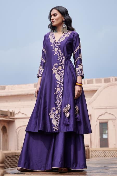 Angrakha With Sharara, Indian Designer Outfits Weddings, Three Piece Dress For Women Indian, Purple Dress Indian, Purple Indian Outfit, Plain Sharara, Pakistan Suits, Angrakha Suit, Angrakha Style Kurti