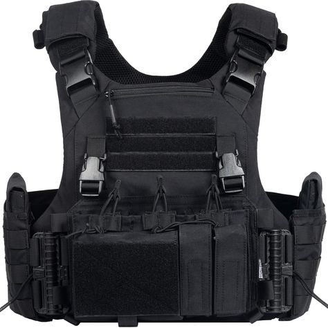 PRICES MAY VARY. OneTigris FYR Tactical Vest Combo: Made of 500D quality Nylon for extra durability and good water resistance Placard-Compatibility: OneTigris FYR Quick Release Tactical Vest + OneTigris Magazine Placard 01 for 30-round 5.56 NATO(5.56*45mm)&7.62*39mm magazines One Size fits Most: Adjustable via front hook-and-loop flap & back elastic cord for sizes from 32"-45" MOLLE Compatible: The molle webbbing on both sides allows you carry mag pouches on the inside or outside of cummerbund B Bulletproof Vest Fashion Men, Tactical Plate Carrier, Bomb Vest, Soldier Reference, Black Tactical Vest, Swat Vest, Techwear Vest, Tactical Outfit, Police Vest