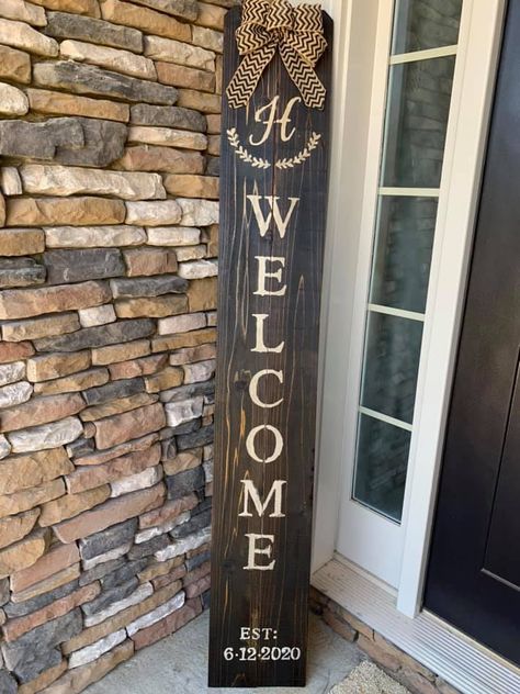 Front Door Plant Stand, Country Welcome Signs Front Porches, Welcome Sign Vertical, Double Sided Welcome Porch Sign, Board Signs Ideas Front Doors, Front Porch Wooden Signs, Rustic Porch Signs, Stand Up Welcome Sign Front Door, Front Door Welcome Sign Diy