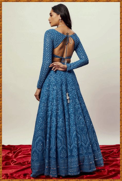 [Ad] Alia Cobalt Blue Threadwork Lehenga Set. The Floral Lehenga Is Intricately Embellished With Thread And Sequins All Over. It Is Teamed With A Matching, Full Sleeved Choli . A Net Dupatta With Zari And Sequin Border And Buttis Complete The Look. Cancan And Pockets Are Included. Stitched Blouse With Deep V Neck Type. Lehenga Comes With Can Can And Blouse With Padding. Composition / Material: Viscose Georgette Lehenga And Blouse With Soft Net Dupatta In #backlessblousedesignssleevelesslatest Backless Blouse Designs Sleeveless, Blouse Designs Sleeveless, Full Sleeves Blouse Designs, Choli Blouse Design, Full Sleeves Design, Full Sleeve Blouse, Floral Lehenga, Backless Blouse Designs, Latest Model Blouse Designs