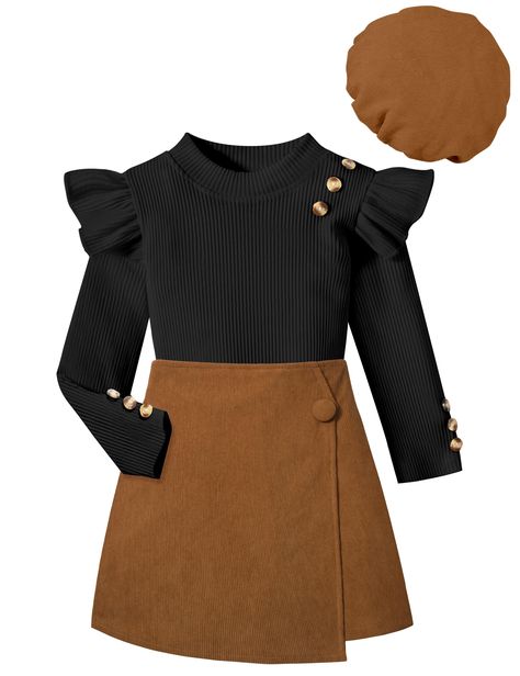 PRICES MAY VARY. 💝Girls Clothes Design:This stylish girls skirt set includes a black long-sleeve top with ruffled details and a round neckline, paired with a buttoned brown skirt and a matching brown beret. The top features buttoned sleeves, adding a touch of elegance and practicality. This ensemble is perfect for making your little princess look fashionable and adorable during the fall and winter seasons. 💝Girls Skirt Sets Material:The girls skirt sets are crafted from a blend of 95% cotton a Fall Family Photos Burgundy, Black And Cream Family Photo Outfits, Black And Tan Family Pictures Outfits, Marceline Fashion, Brown Beret, Coffee Outfit, Church Fits, Fall Family Photo Outfits, Girls Skirt