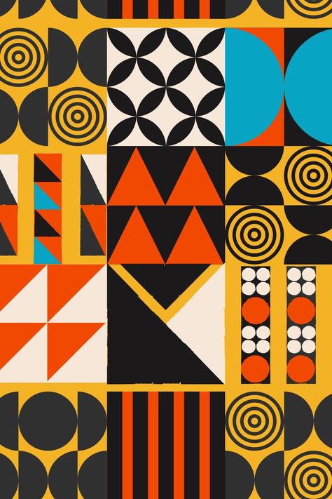 geometric shapes mixed with tribal and mid-century shapes and spirals in dark and light orange with some white and blue details Box Cover Design, African Textiles Patterns, African Pattern Design, Abstract Tile, Graphic Shirt Design, African Colors, Geometric Pattern Art, Textile Prints Design, Geometric Pattern Design