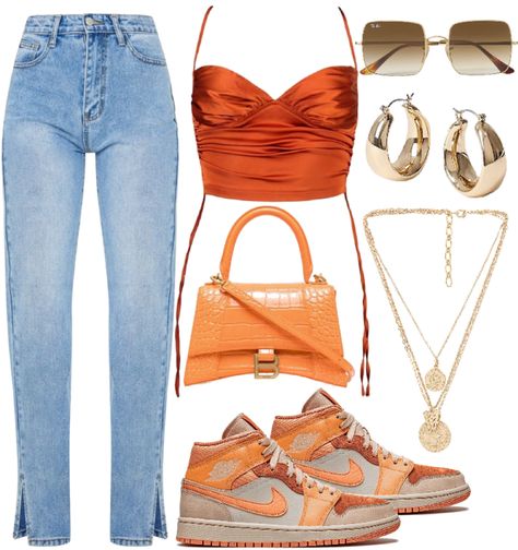 Orange Top Outfit, Looks Hip Hop, Top Jeans, Orange Outfit, Top Outfit, Orange Top, Causual Outfits, Streetwear Fashion Women, Cute Swag Outfits