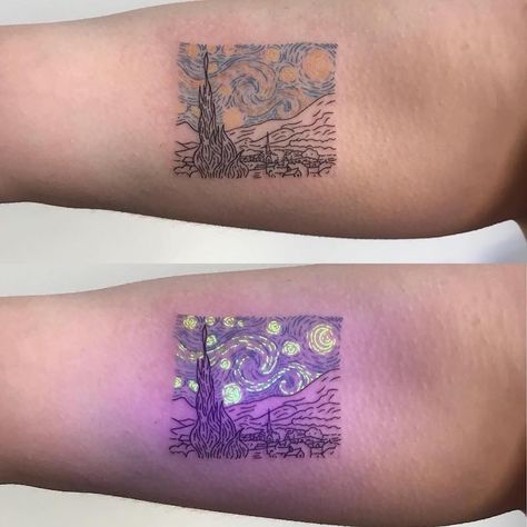 Van Gogh Tatuaje, Starry Night Tattoo, Van Gogh Tattoo, Tato Geometris, Dark Mark Tattoos, Black Light Tattoo, Glow Tattoo, Night Tattoo, Uv Tattoo