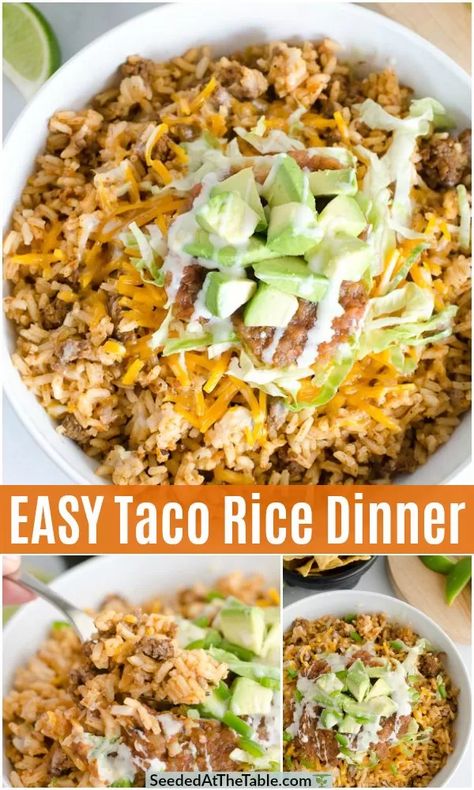 This One Pot Taco Rice Dinner is the perfect family dinner idea. Serve with all the fixins for taco bowls as an easy Mexican recipe! Taco Rice Bake, Beef Taco Bowls, Mexican Bowl Recipe, Taco Bowl Recipe, Taco Meal, Taco Rice, Mexican Night, Taco Dinner, Mexican Recipe