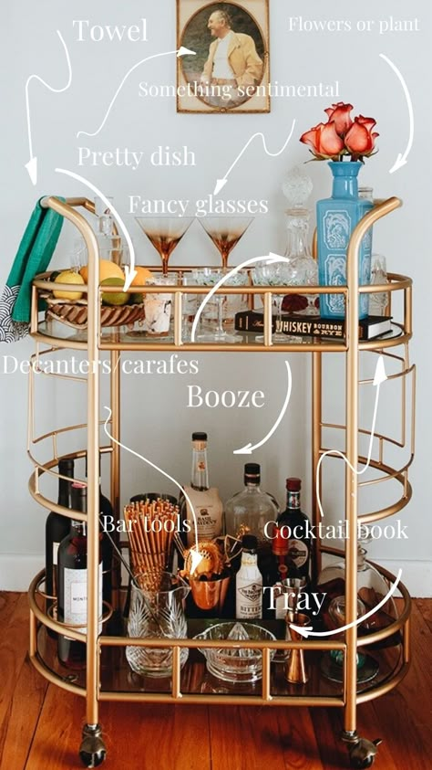 Bar Cart In Living Room, Living Room Bar Cart, Bar Cart Aesthetic, Small Bar Cart, Aesthetic Bar Cart, Cart Aesthetic, Bar Cart Inspo, Mid Century Modern Bar Cart, Bar Cart Inspiration