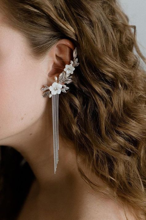 Bridal Earrings Silver, Silver Bridal Earrings, Pearl Flowers, Silver Chain Earrings, Ear Climber, Cartilage Earring, Fancy Jewellery, Bridal Hair Pins, Wedding Hair Pieces