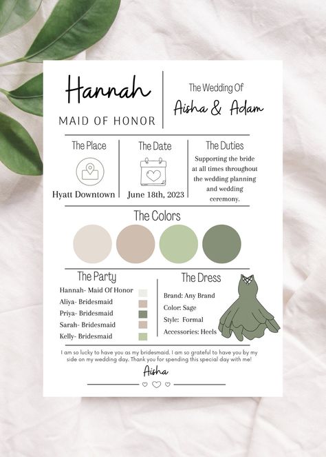 Welcome to HD Customized Designs! Make your bridesmaids feel extra special with this elegant and personalized Bridesmaid Info Card. This beautifully designed card is the perfect way to convey important details and show your appreciation for the important role they play on your special day. It's very simple to edit on Canva and save as your own to print or send digitally. You will receive a PDF upon purchasing going over instructions and the link to edit on Canva. Whether you're planning a rustic Wedding Details Card For Bridesmaid, Simple Bridal Party Proposal, Bridesmaid Detail Cards, Bridesmaid Invite Ideas, Bridesmaid Announcement, Bridesmaids Invites, Simple Bridesmaid Proposal, Ways To Ask Bridesmaids, Bridesmaid Invite