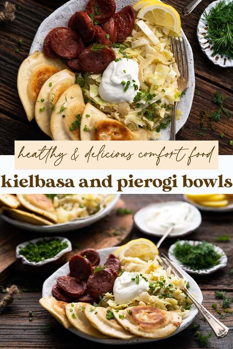 Pierogi Kielbasa Cabbage, Perogies Cabbage And Sausage, Cabbage Perogies Recipe, Brats And Pierogies, Pierogi Meal Ideas, What To Serve With Perogies, Pierogis And Kielbasa, Kielbasa And Perogies Recipes, Pierogi Meals