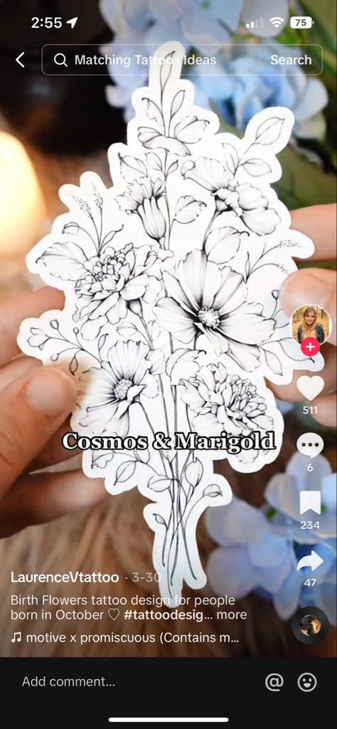 Marigold And Cosmos Flower Tattoo Sleeve, October Birth Flowers Tattoo, September And October Flower Tattoo, Cosmo Birth Flower Tattoo, October Birth Flower Tattoo Marigold And Cosmos, Marigold Cosmos Flower Tattoo, Cosmo And Marigold Flower Tattoo, October Flowers Tattoo, Marigold And Cosmos Tattoo