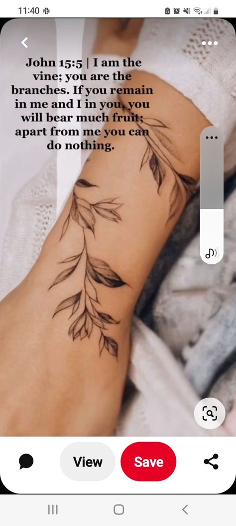 Unique Tattoos For Strong Women, Vine Bible Verse Tattoo, Abide In The Vine Tattoo, You Are The Vine I Am The Branches Tattoo, I Am The Vine Tattoo, Olive Branch Vine Tattoo, Olive Vine Tattoos For Women, Biblical Vine Tattoo, Vine Tattoos Hand